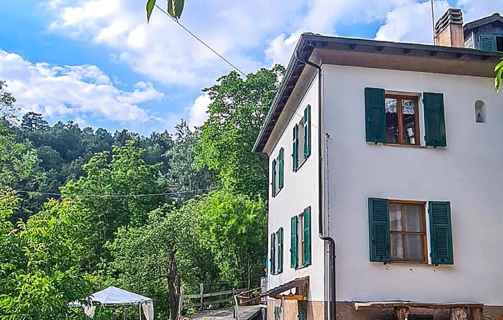biały dom z zielonymi okiennicami i drzewami w obiekcie Nice Apartment In Santo Stefano Daveto w mieście Santo Stefano dʼAveto
