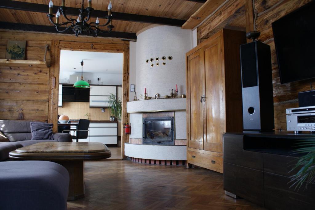 sala de estar con sofá y chimenea en Apartament u Doroty, en Sanok