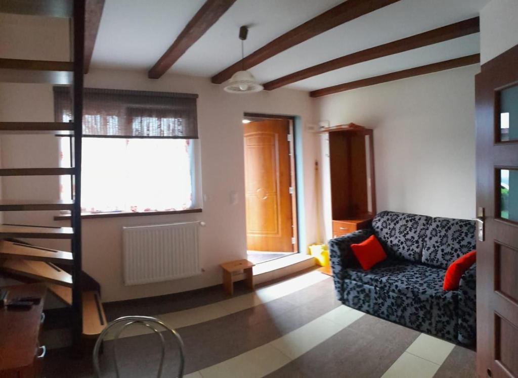 a living room with a couch and a window at Apartamenty rodzinne U Zośki in Łukęcin