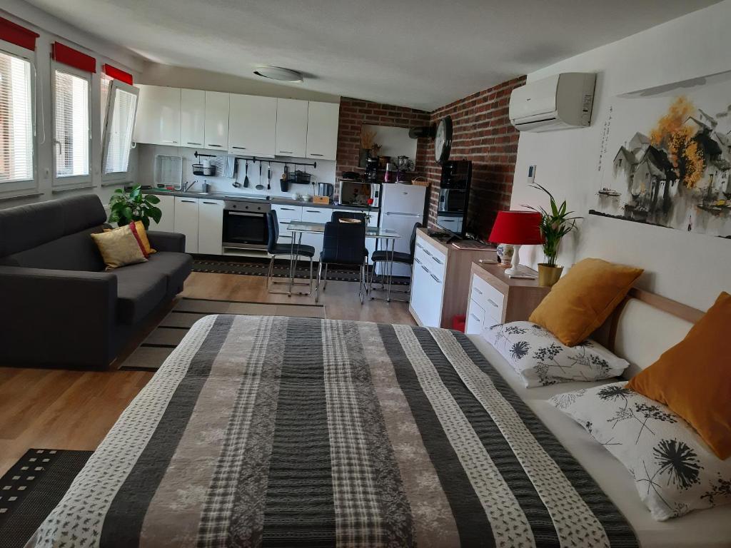 a living room with a couch and a kitchen at Apartments Isabella in Ptuj