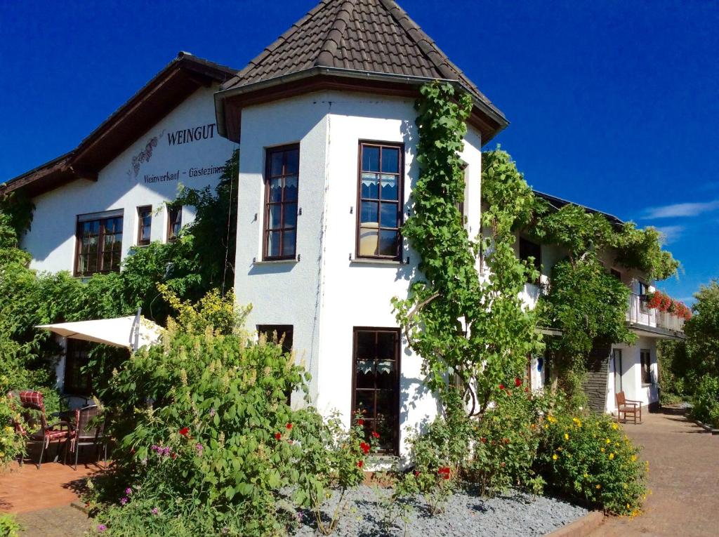 a white house with ivy on it at Weingut Raevenhof in Ayl