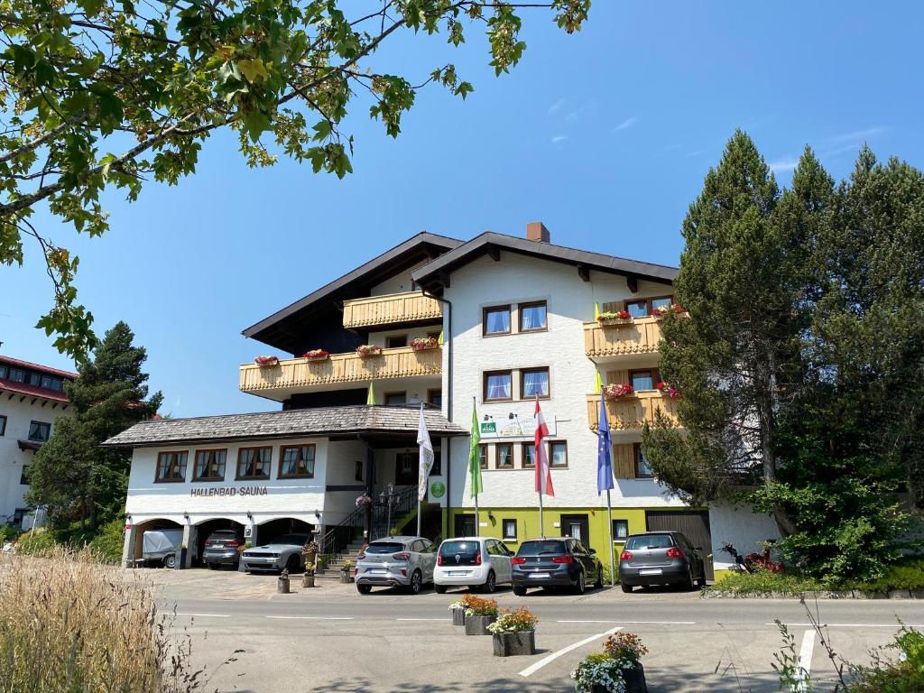 a building with cars parked in a parking lot at Hotel Alpensonne in Riezlern
