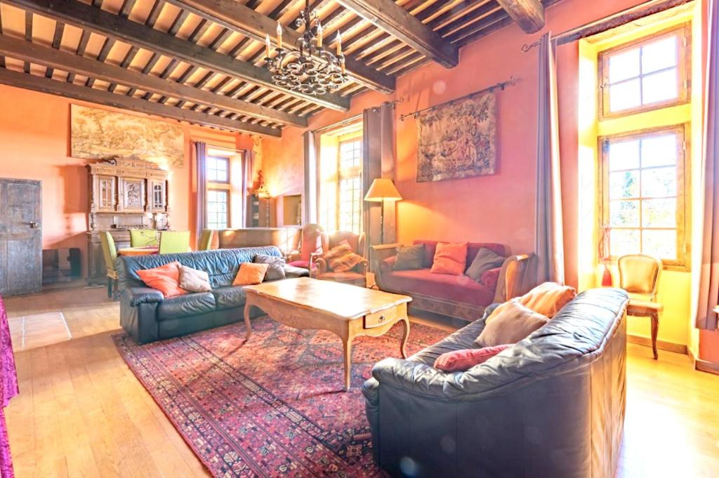 un salon avec des canapés et une table basse dans l'établissement Appartement spacieux à Ferrières-les-Verreries avec jardin privé, à Ferrières-les-Verreries