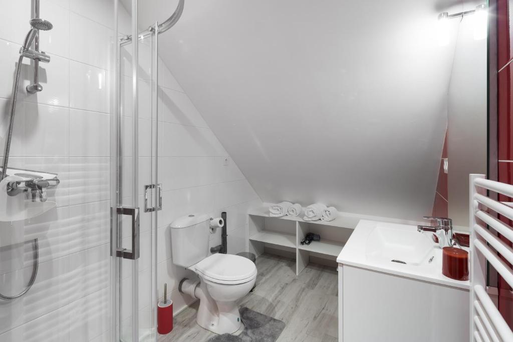 a bathroom with a toilet and a shower and a sink at LE NOROIT - Cocon lumineux sur le Sillon in Saint Malo