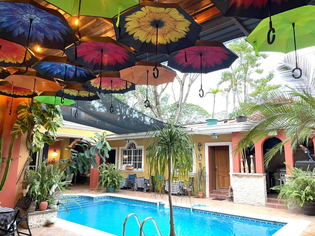 een groep parasols boven een zwembad bij Refugio de la Montaña B&B in San Pedro Sula