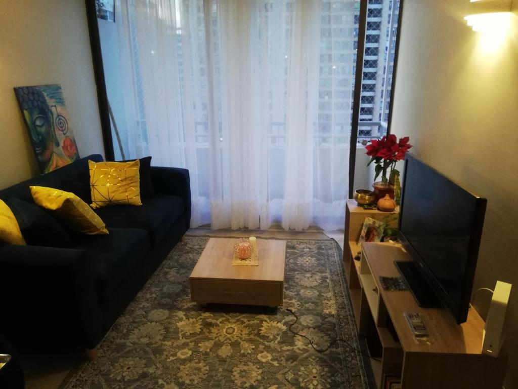 un soggiorno con divano e tavolino da caffè di Haumaru Alojamiento habitación privada a Santiago