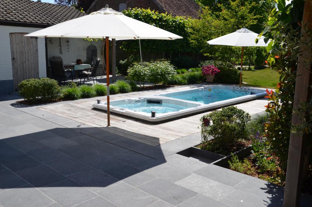 einen Pool mit einem Sonnenschirm und einer Terrasse in der Unterkunft VELOCIPEDE OUDENAARDE vakantieverblijf 6 pers ADULTS ONLY in Oudenaarde