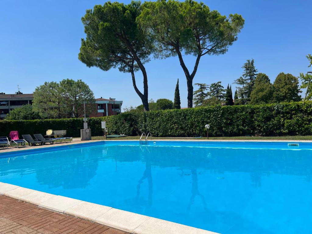 une grande piscine bleue avec des arbres en arrière-plan dans l'établissement fior di loto, à Desenzano del Garda