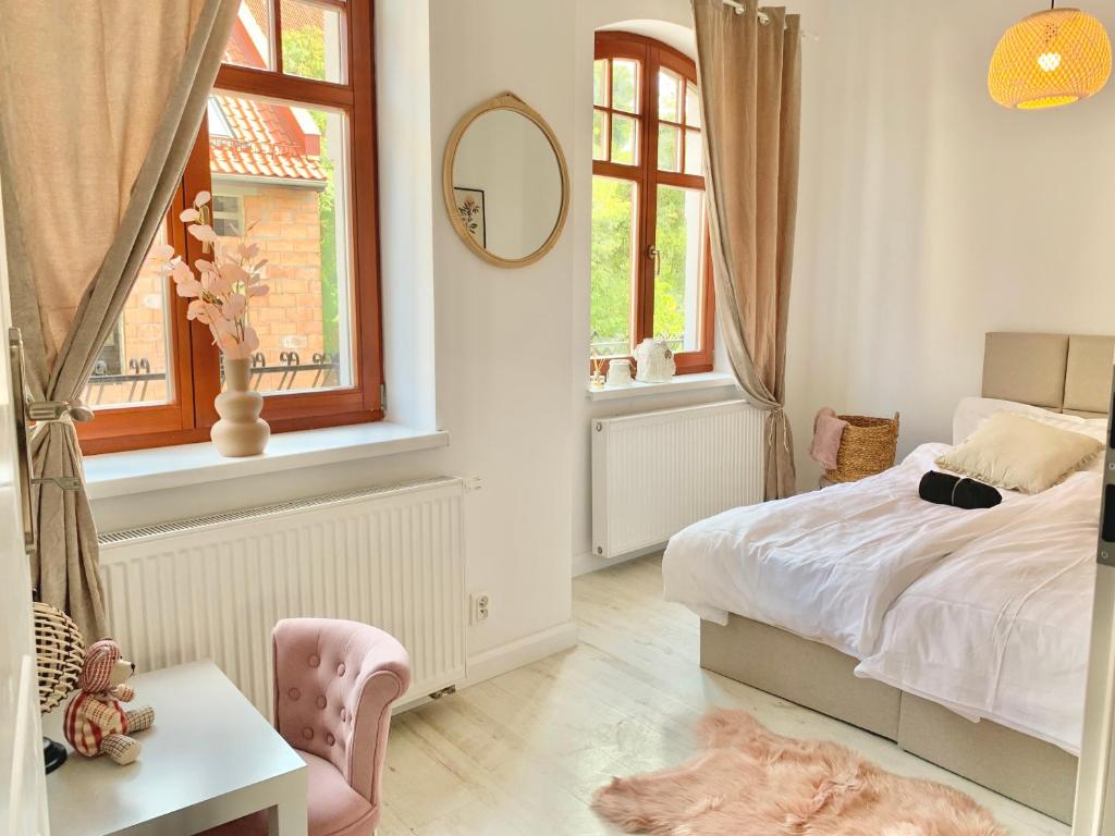 a bedroom with a bed and a mirror and windows at Apartamenty Krasicki in Lidzbark Warmiński