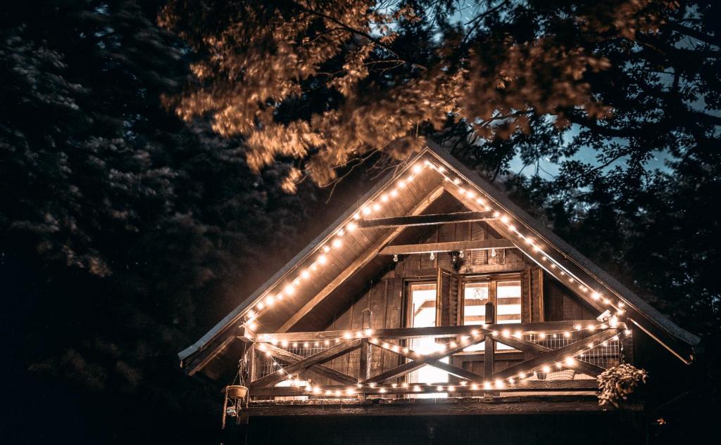 een verlicht huis met kerstverlichting erop bij Rent a Forest, Cabin Hidden in the Fruška gora in Velika Remeta