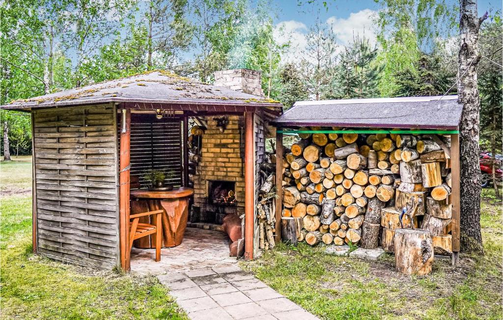 drewniana szopa z stosem kłód obok niej w obiekcie Cozy Home In Drzonowo With Sauna w mieście Schönau