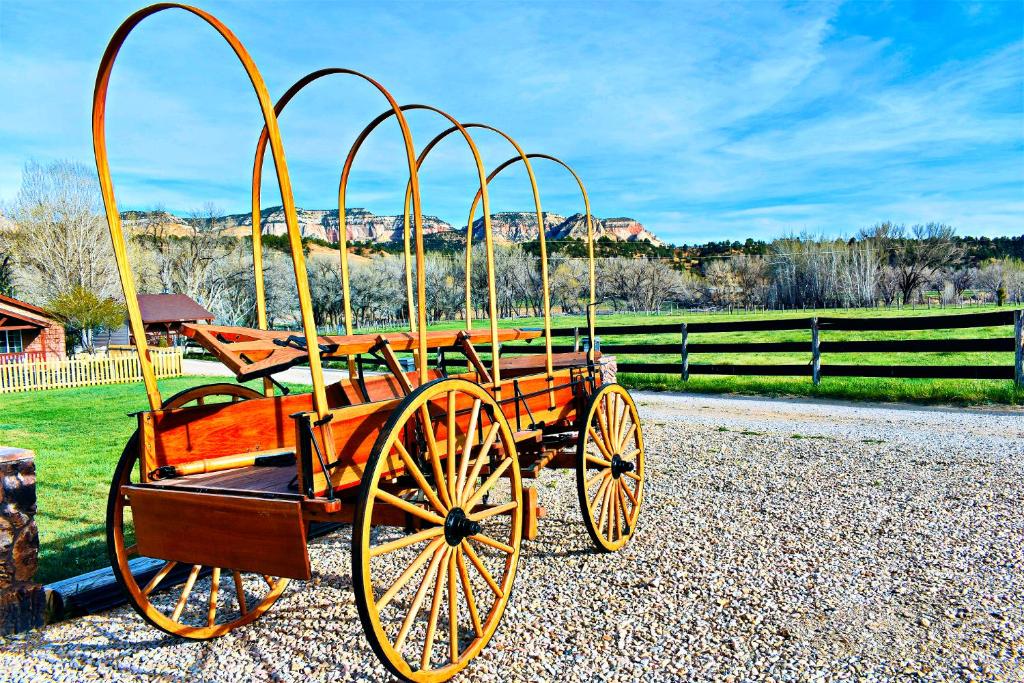 a horse drawn carriage sitting on the side of a road at Arrowhead Country Inn and Cabins in Mount Carmel