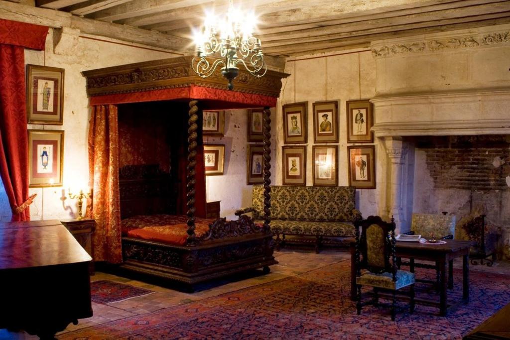 a bedroom with a bed and a chandelier at Chateau de Chémery in Chémery