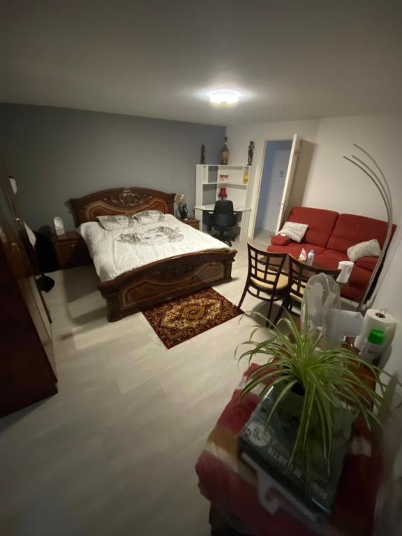 ein Schlafzimmer mit einem Bett, einer Couch und einem Tisch in der Unterkunft 1 Chambre chez l habitant, 1 à 4 pers, Park ext, TAXI VTC 6places disponibles in Auvernaux