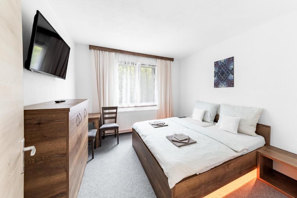 Un pat sau paturi într-o cameră la Jeseníky Apartmán číslo 5