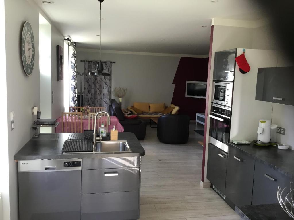 eine Küche mit einem Waschbecken und ein Wohnzimmer in der Unterkunft Au bord de l'eau in Charentenay