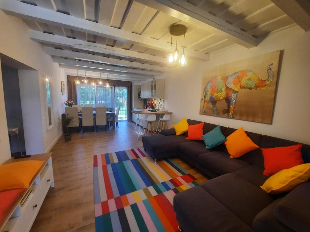 ein Wohnzimmer mit einem Sofa und einem bunten Teppich in der Unterkunft Mirabola in Őriszentpéter