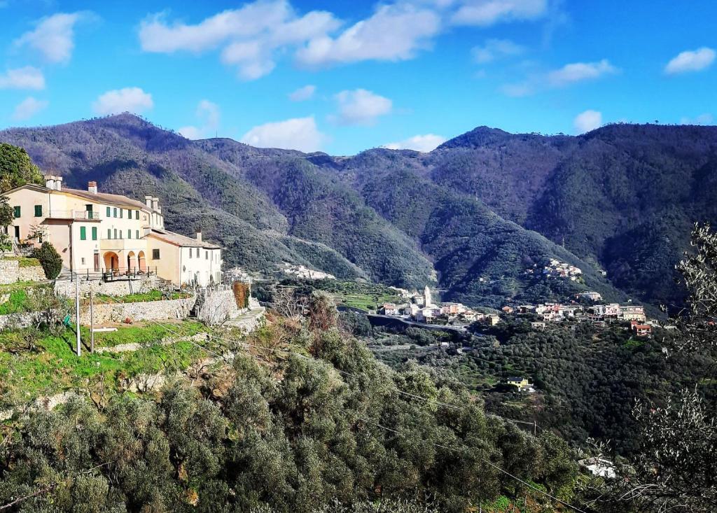 a house on a hill with mountains in the background at Tuvo Agriturismo in Levanto