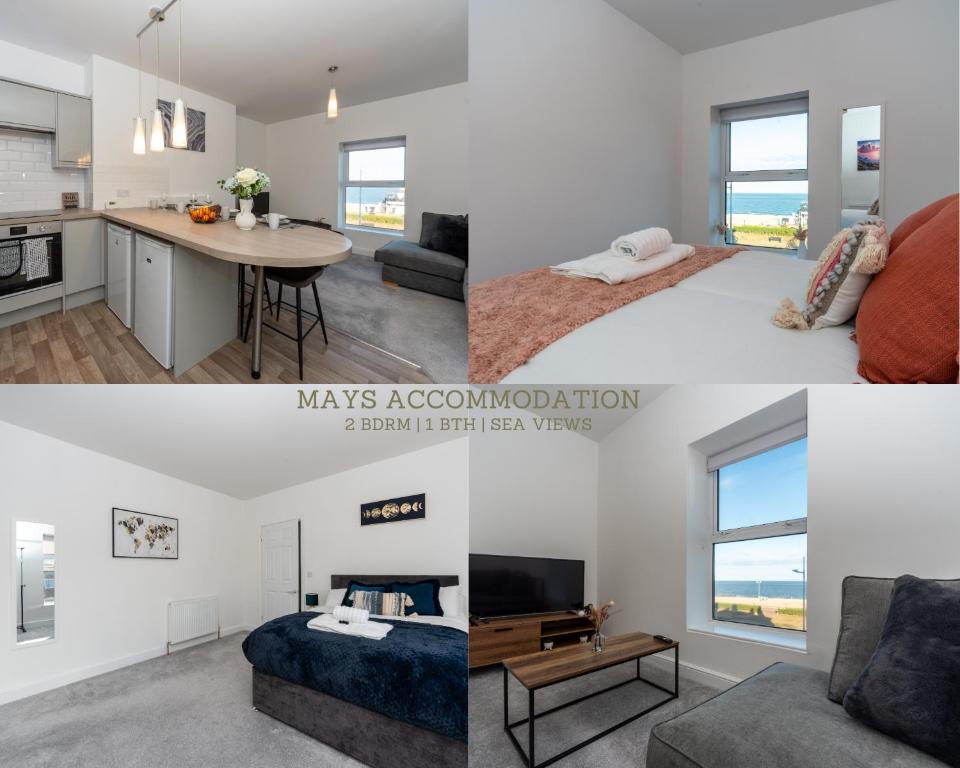 un collage de fotos de una sala de estar y un dormitorio en Sea Views Modern Two Bedroom Apartment en Lowestoft