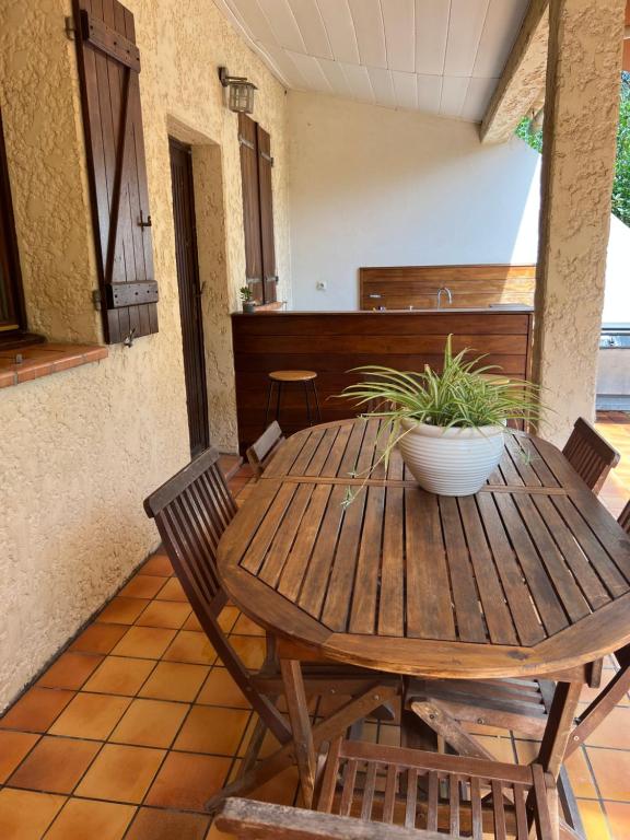 a wooden table with a potted plant on a patio at casa SamaSama in Porto-Vecchio