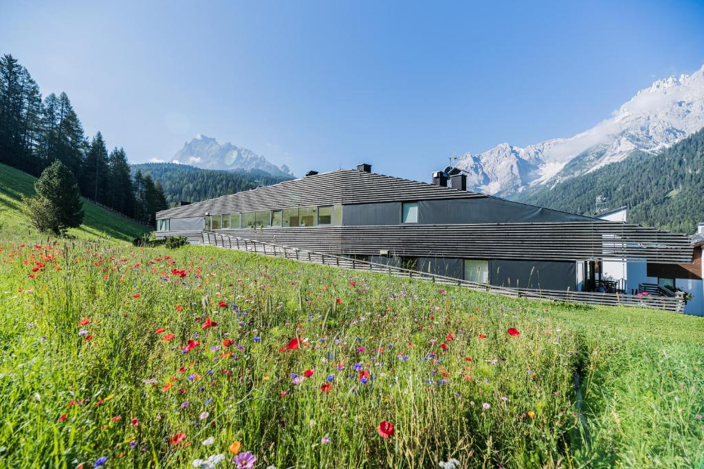 a house on a hill with a field of flowers at Residence Königswarte Strata in Sesto