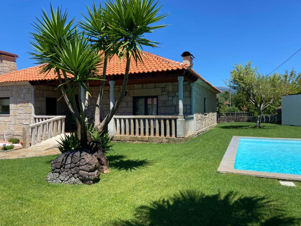 a house with a swimming pool and palm trees in the yard at Giesteira's House in Arcos de Valdevez