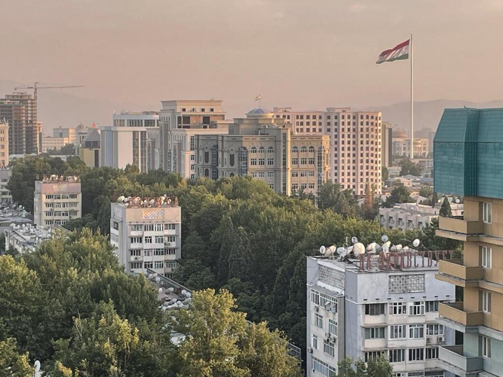 una città con una bandiera in cima a un edificio di Appartement Kholova a Dushanbe