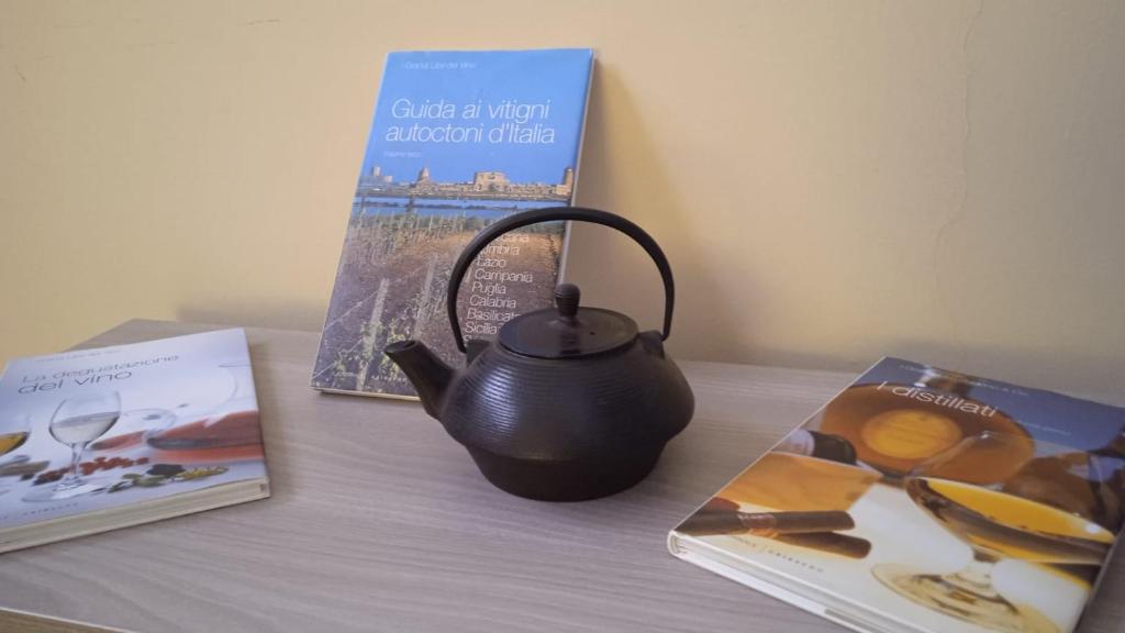 Casa vacanze ACQUAVIVA في Melizzano: غلاية الشاي وكتبين على طاولة