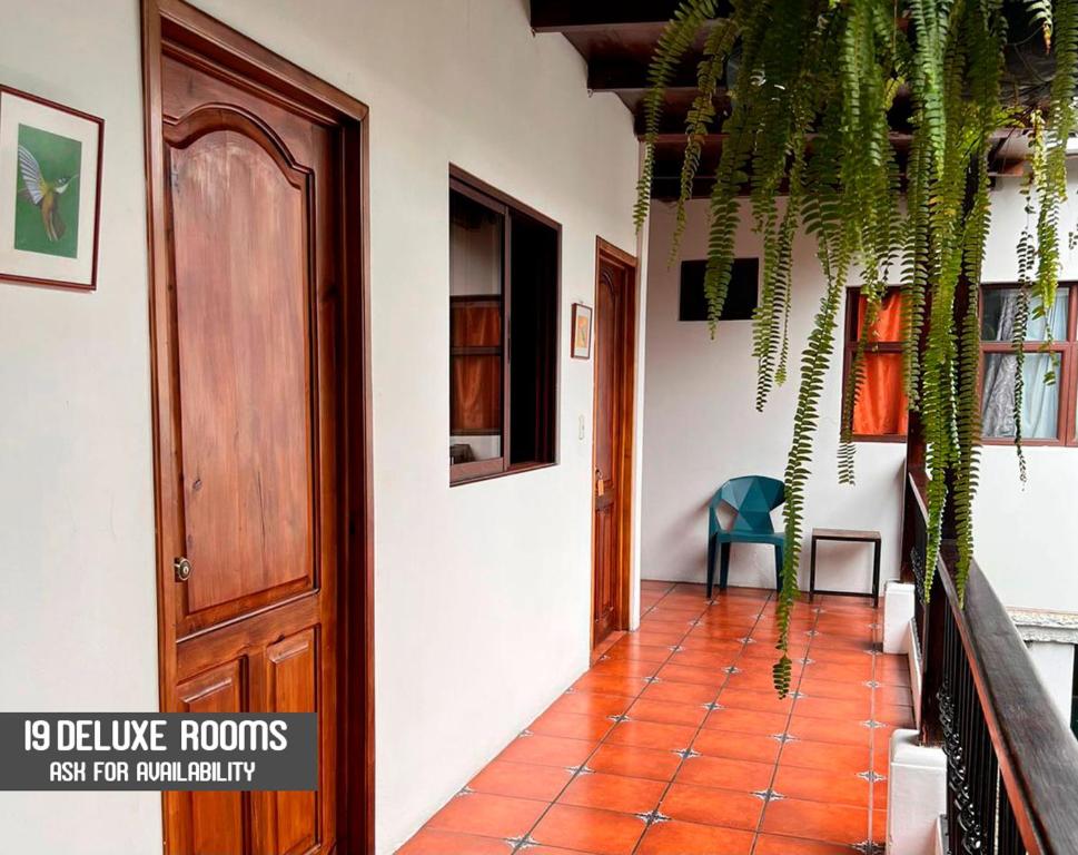 a hallway with a wooden door and a plant at Matalbatz Hotel in Cobán