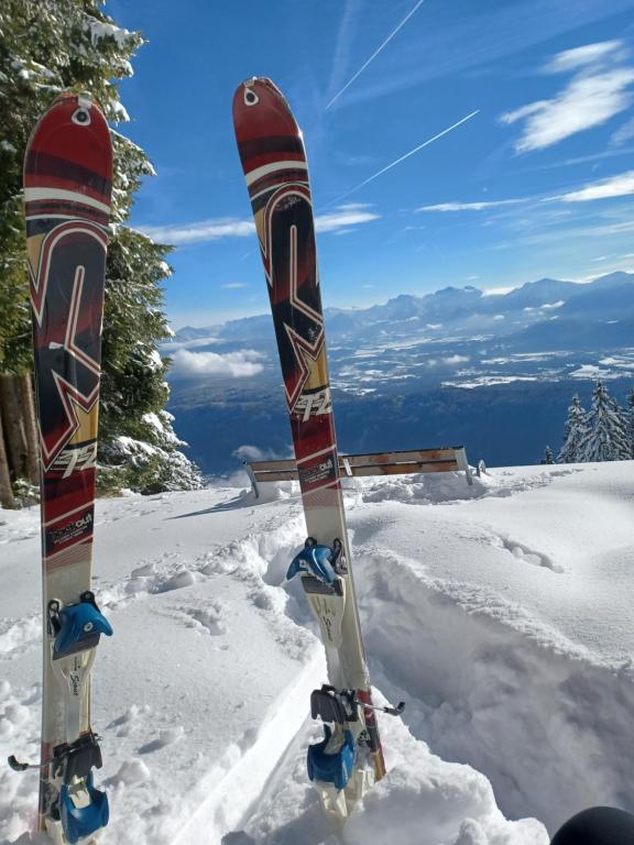 Un paio di sci sono in piedi nella neve di Haus Enzian - Apartment Gerlitzen a Kanzelhöhe