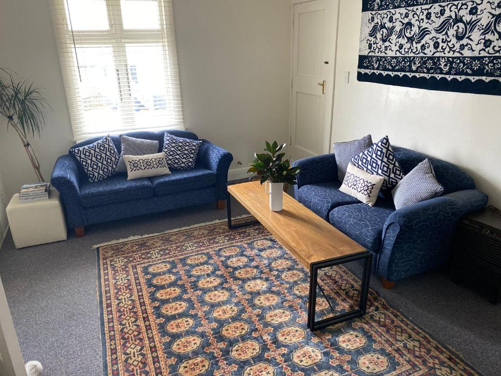 a living room with two blue couches and a coffee table at Private, comfortable studio. in Wellington