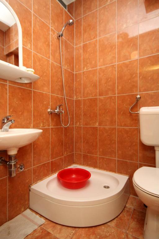 a bathroom with a shower with a red bowl on the floor at Apartments with a parking space Podaca, Makarska - 4747 in Podaca