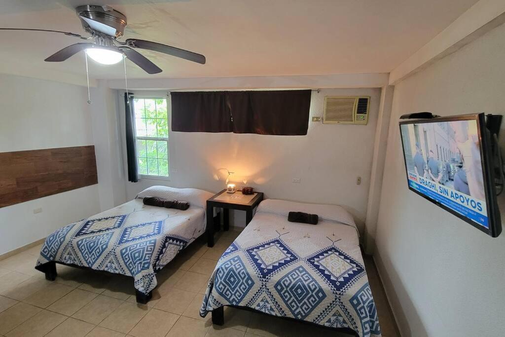een slaapkamer met 2 bedden en een plafondventilator bij DepaB privado, centrico,Wifi 80 mb ,aire acondicionado ,cocina, cochera techada, in Ciudad Valles