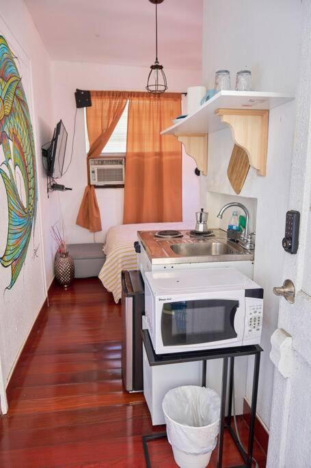 Hotel Migue´s Tiny Miami Alcove, a small kitchen with a sink and a microwave at Migue´s Tiny Miami Alcove in Miami