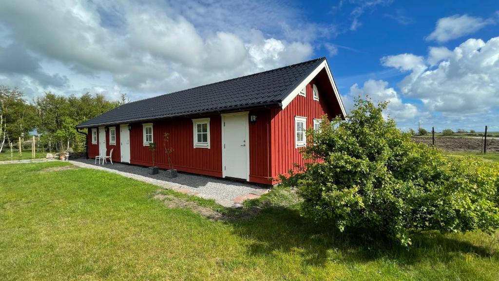 a red house with a black roof in a field at Söndre Gårds Haväng in Glommen