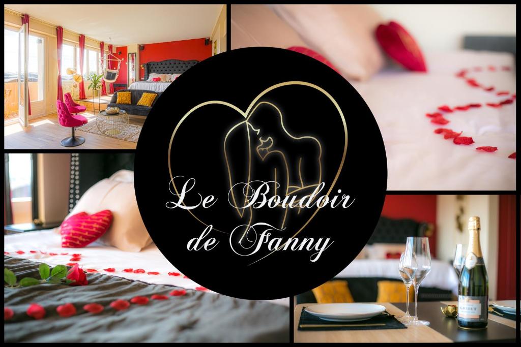 een collage van foto's van een kamer met een bed en een tafel bij Le Boudoir de Fanny - Sauna/Balnéo/ciné/Hamacs in Le Havre