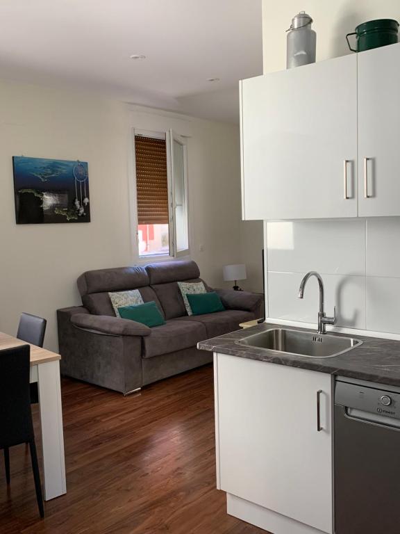雷東德拉的住宿－A de Maria - Tres Marias Apartments，厨房以及带沙发的起居室。