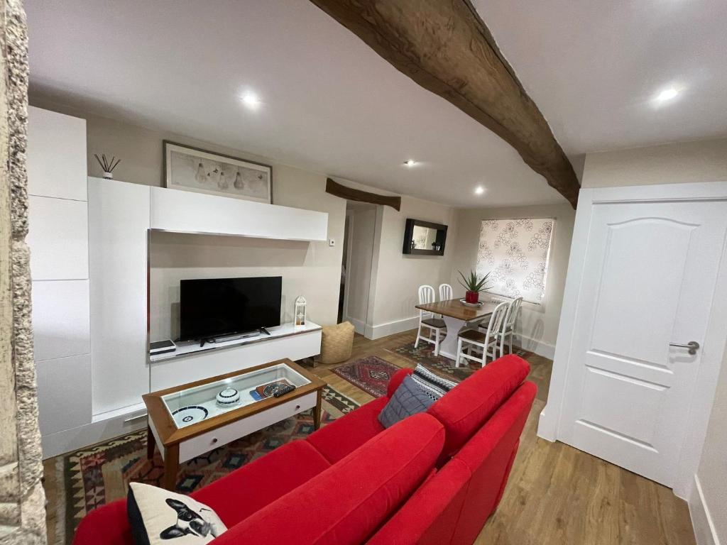 uma sala de estar com um sofá vermelho e uma televisão em Casa Bolmente a Ver en la Ribeira Sacra. em Sober