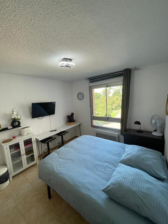 een slaapkamer met een bed, een bureau en een televisie bij Les Logis de Paray Appartement 201 in Paray-le-Monial