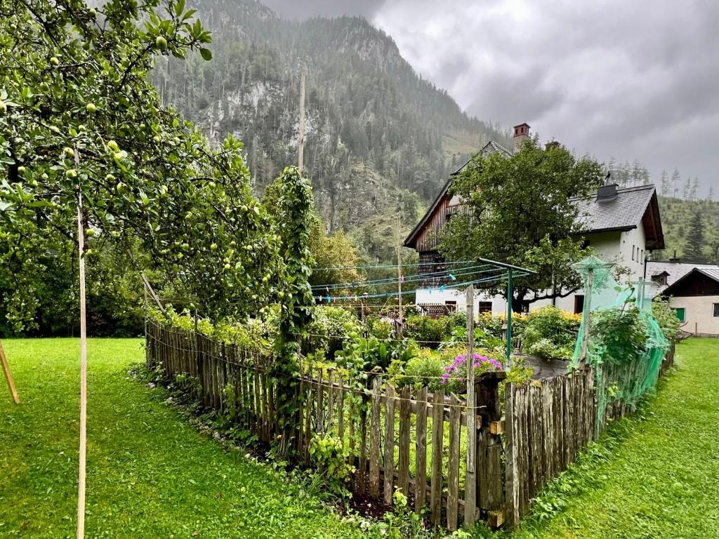 einen Holzzaun vor einem Haus mit Garten in der Unterkunft Alte Schule Weichselboden in Weichselboden