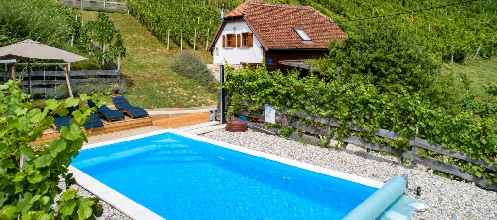 vista sul tetto di una piscina di fronte a una casa di Greta Rest House a Sopot