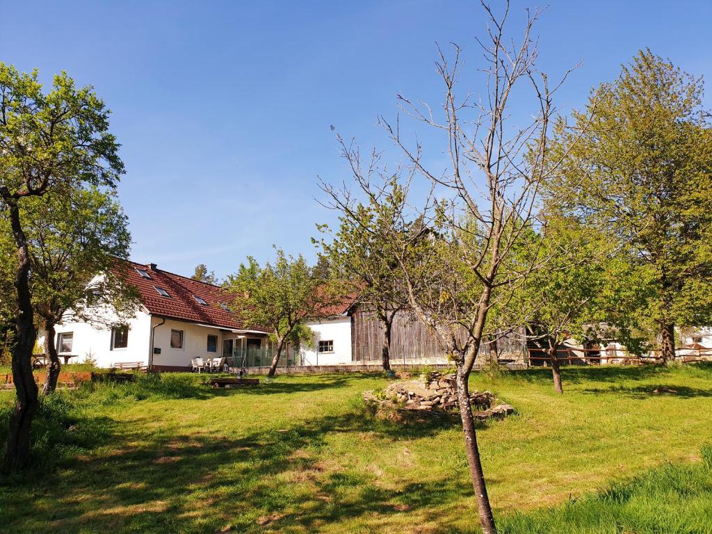 une maison dans un champ avec des arbres devant elle dans l'établissement Die Alm in Schöllbüchl, à St. Martin