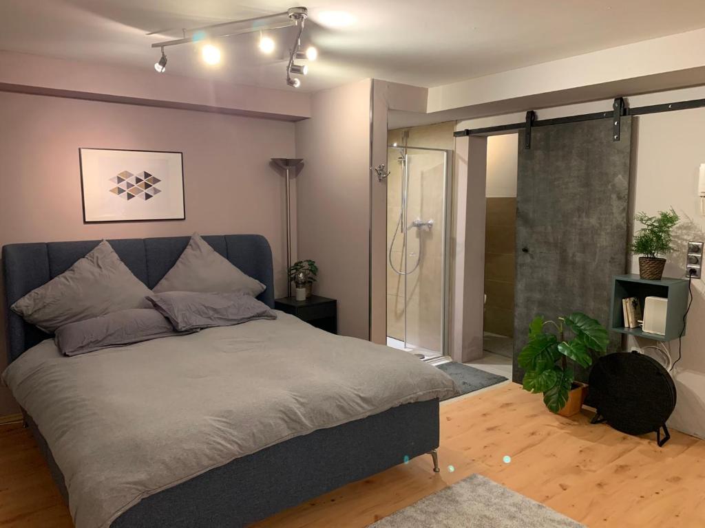 a bedroom with a large bed and a shower at Top Studio Appartement im Grünen nah Phantasialand in Brühl