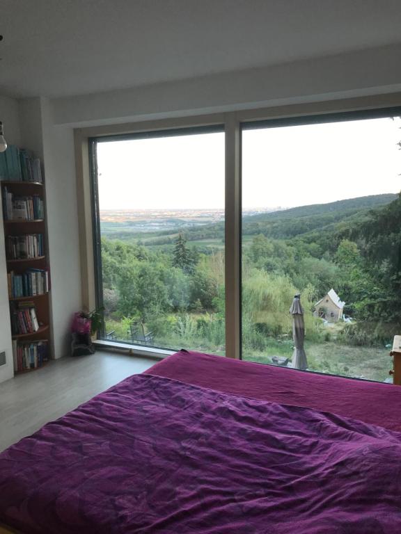 a bedroom with a purple bed and a large window at Izba v čarovnom dome in Svätý Jur