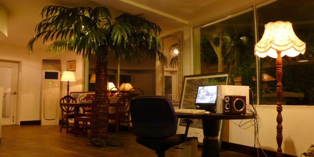 a room with a desk with a computer and a palm tree at Springhill Resort in Seogwipo