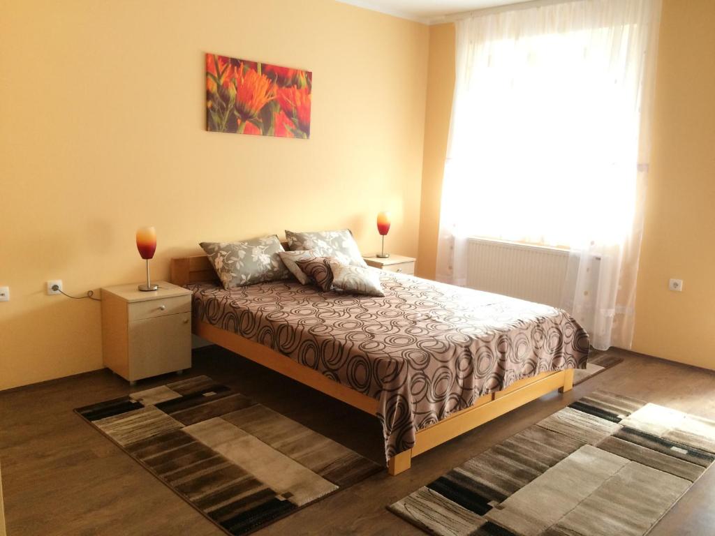 Sremska Kamenica的住宿－B&B Zmajevo Gnezdo 021，一间卧室配有一张带两盏灯的床和一扇窗户。