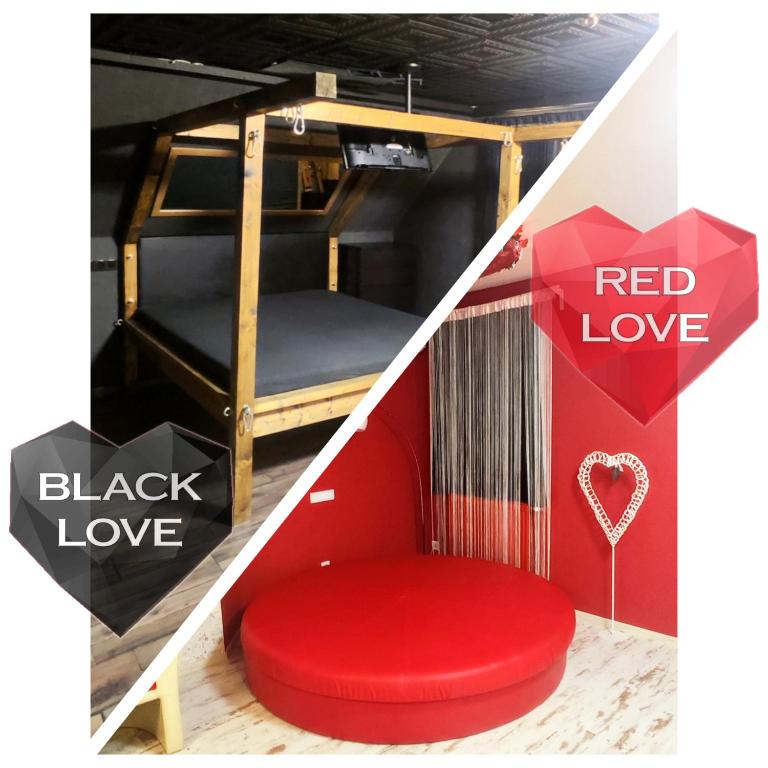 un collage di foto con una sedia rossa e un segno d'amore rosso di Love Apartmanok Eger a Eger