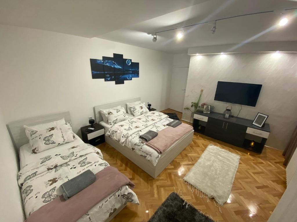 a bedroom with two beds and a flat screen tv at Apartman Bonaca in Niš