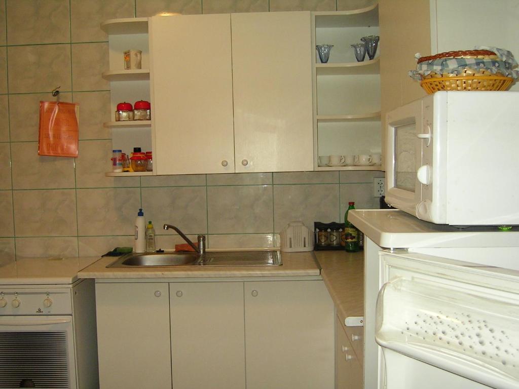 eine Küche mit einer Spüle und einer Mikrowelle in der Unterkunft Szigeti B&B in Bogács