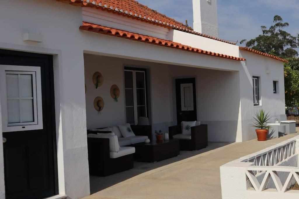 蒙塔爾吉爾的住宿－Moradia de férias Casa do Chorão - Montargil，庭院内配有沙发和椅子的房子